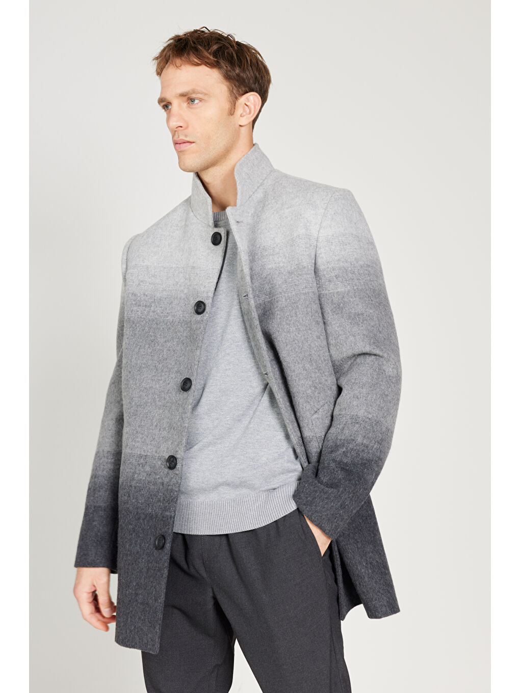 Erkek Gri Standart Fit Normal Kesim Dik Yaka Desenli Palto-6