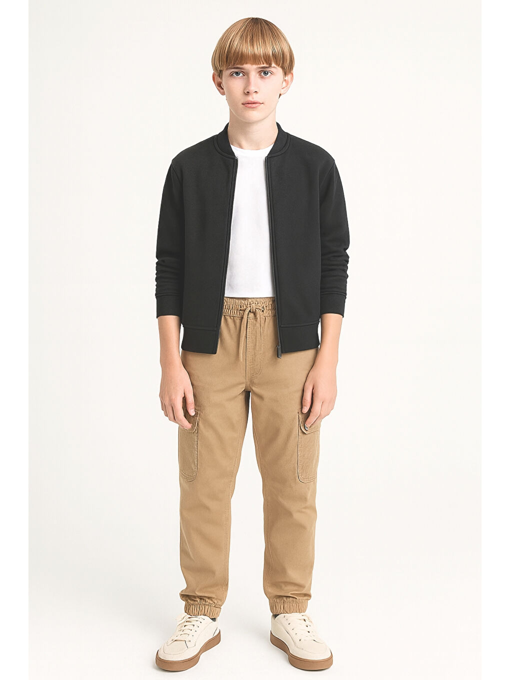 Bej Erkek Çocuk Komando Cepli Beli Lastikli Okul Pantolonu AK1000-1-2-1