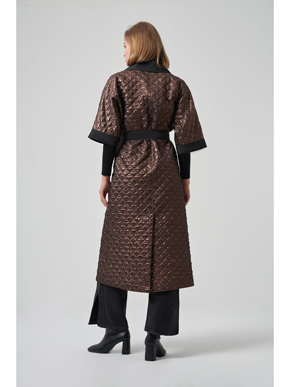 Turuncu Kemer ve Örme Kol Detay Kap Ceket 6014 Bakır-3