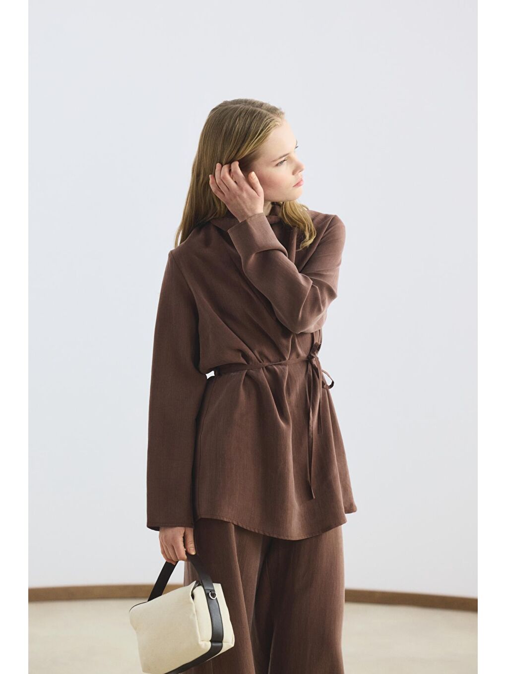 Kahverengi Drape Yaka Tunik Pantolon Takım Kestane-3