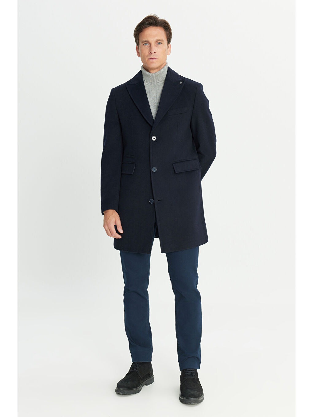 Erkek Lacivert Yünlü Standart Fit Normal Kesim Palto-1