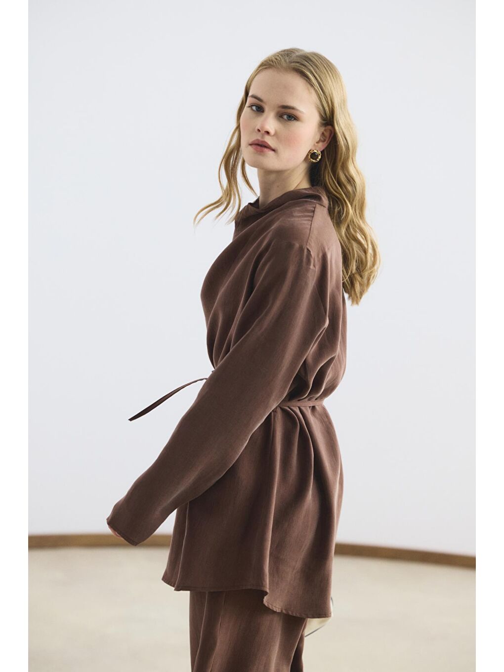 Kahverengi Drape Yaka Tunik Pantolon Takım Kestane-4