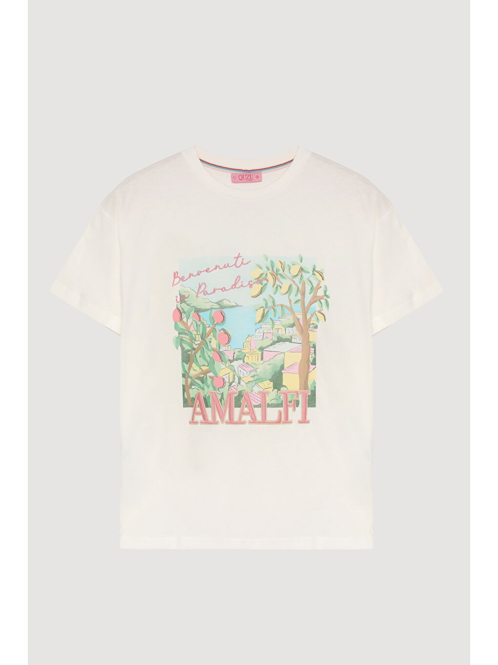 Limon Ağacı Baskılı Amalfi Yazılı Tişört Ekru