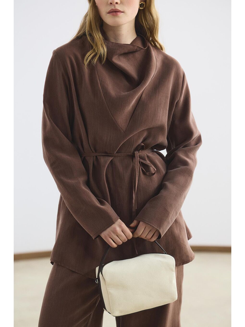 Kahverengi Drape Yaka Tunik Pantolon Takım Kestane-5