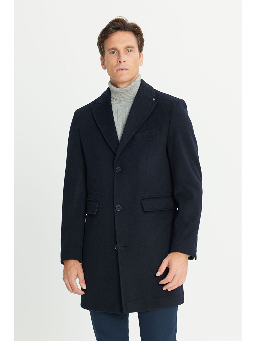 Erkek Lacivert Yünlü Standart Fit Normal Kesim Palto-2
