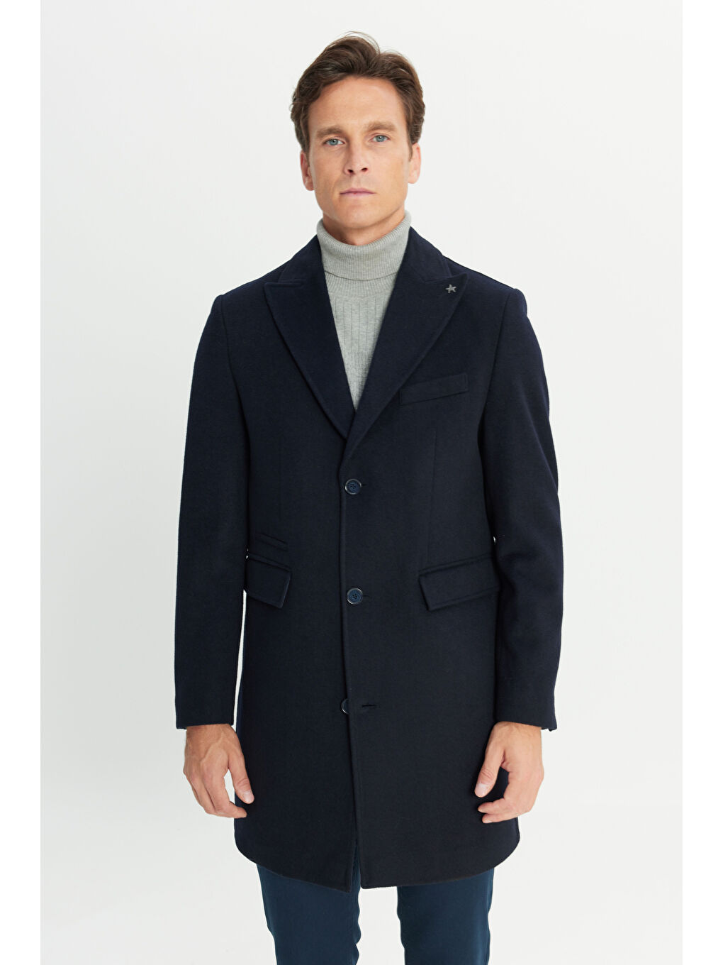 Erkek Lacivert Yünlü Standart Fit Normal Kesim Palto-3