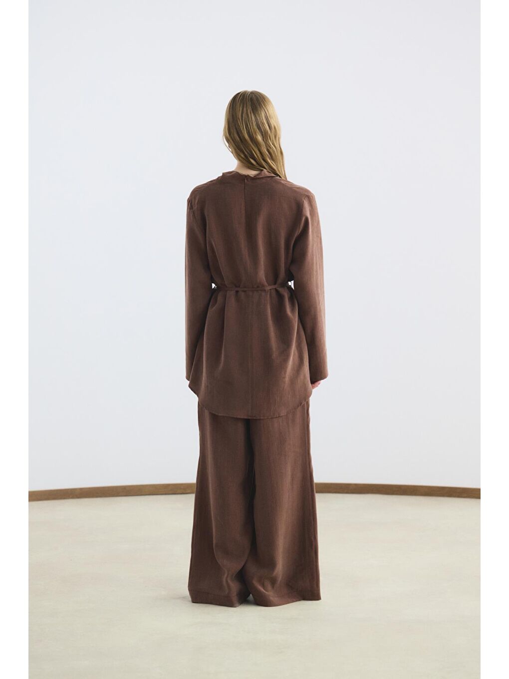 Kahverengi Drape Yaka Tunik Pantolon Takım Kestane-6
