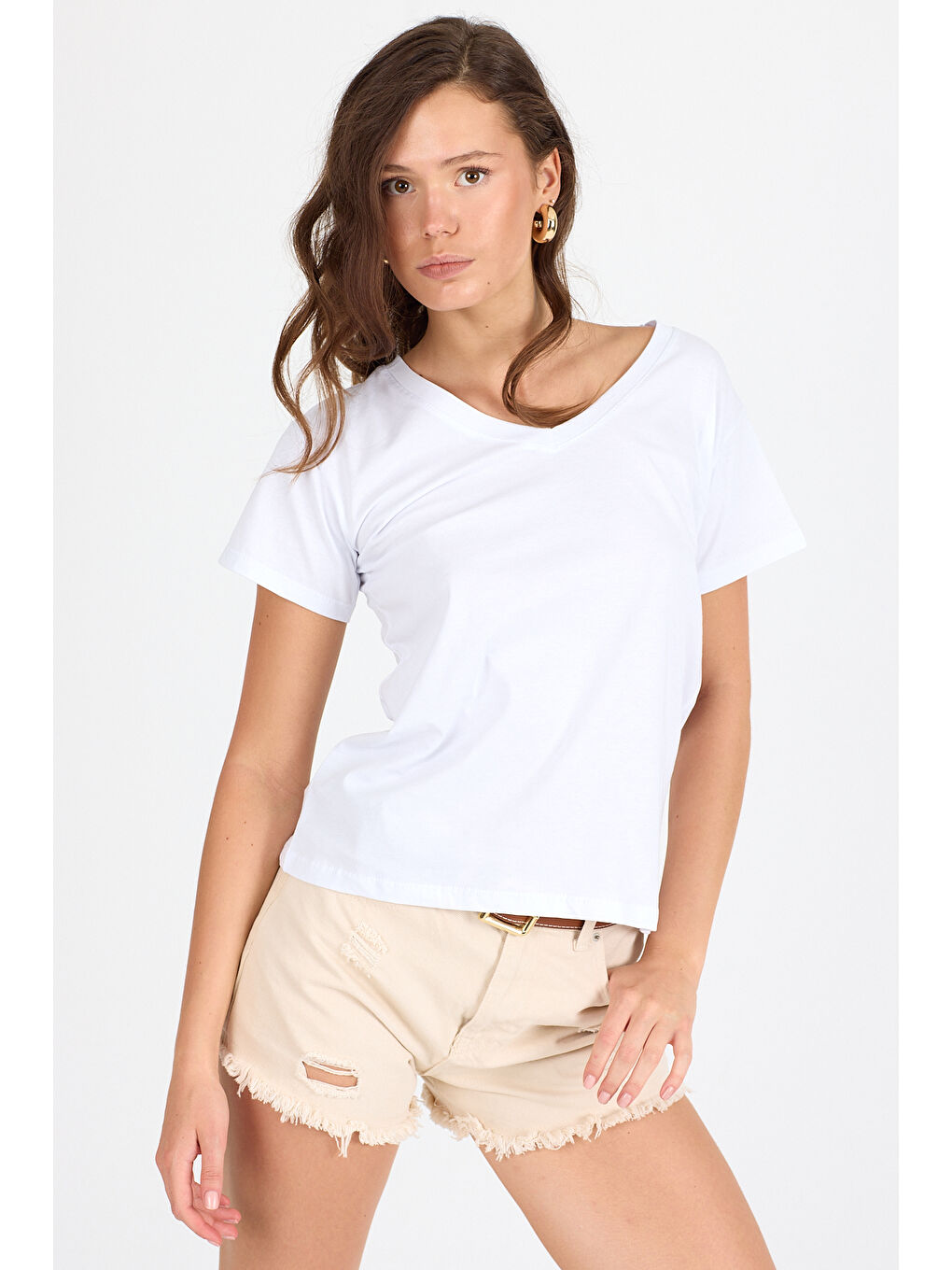 Beyaz Kadın V Yaka T-shirt 3005