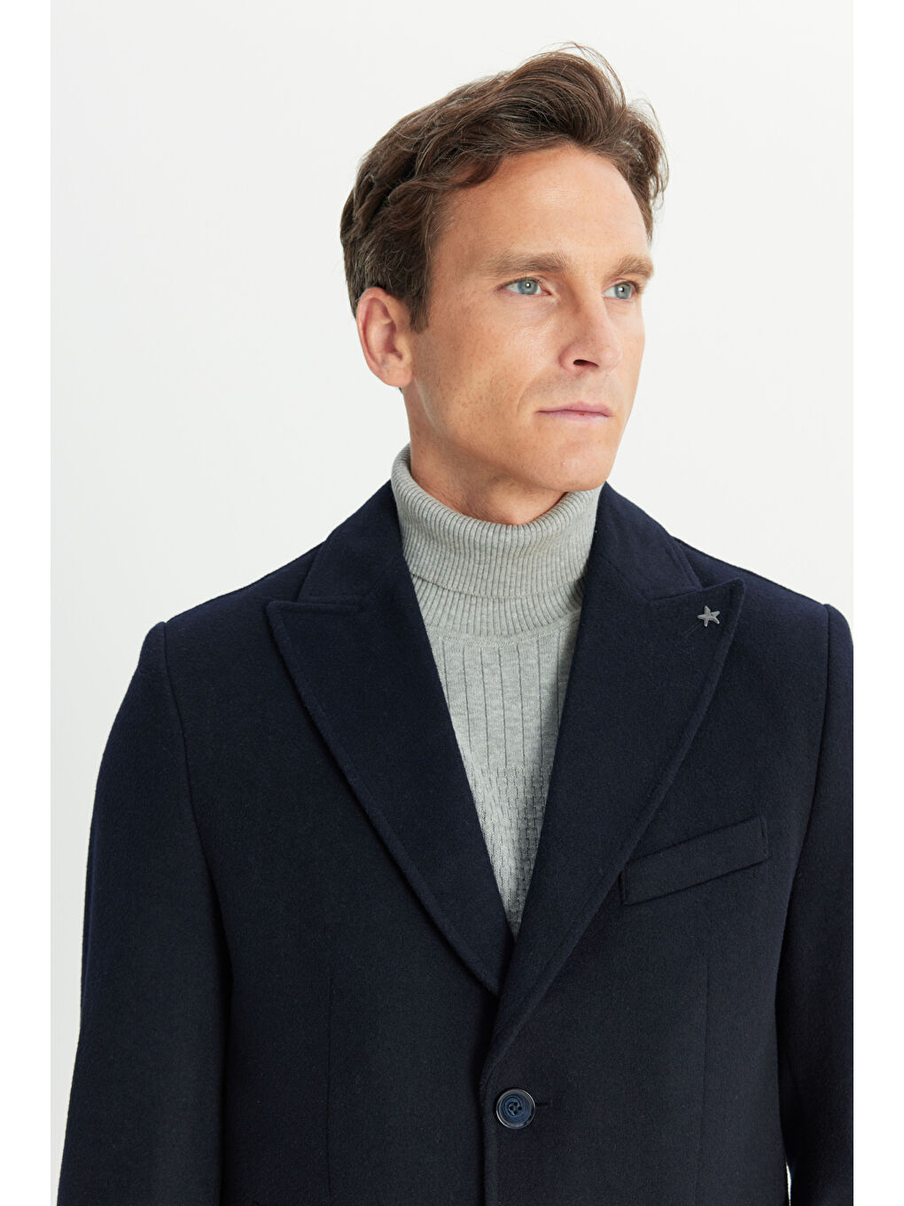 Erkek Lacivert Yünlü Standart Fit Normal Kesim Palto-4