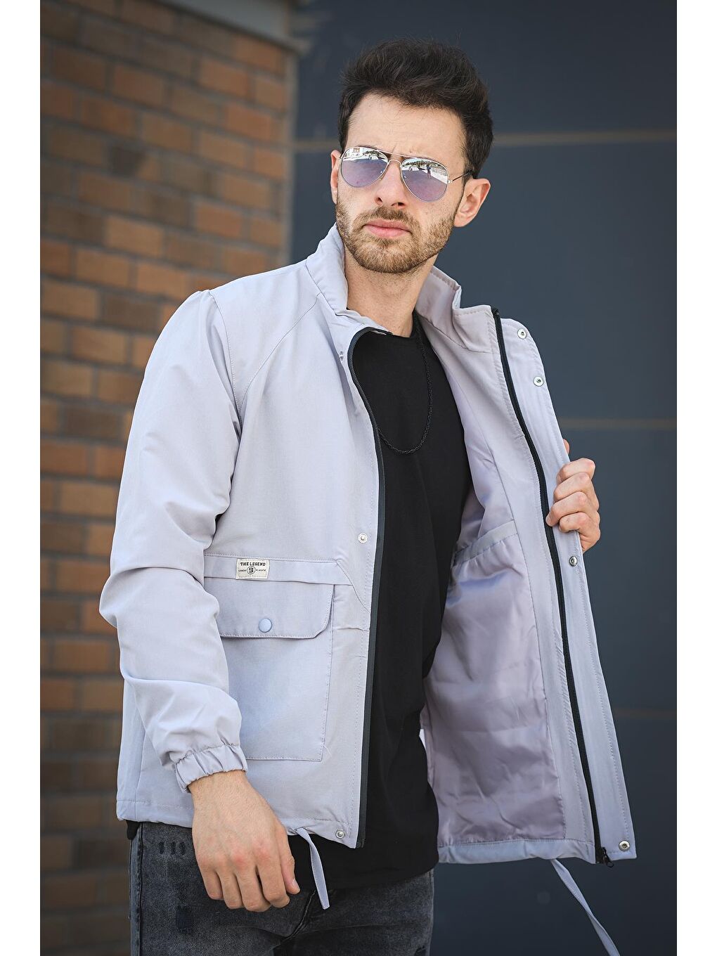 Gri Juan Slim Fit Su İtici Bağcık Detaylı Kapüşonlu Erkek Mevsimlik Mont Yağmurluk