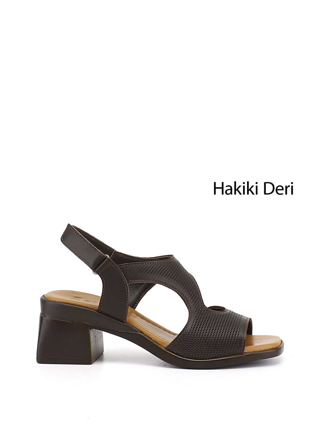 Kahverengi Kadın TÜTÜN KAHVE Cırt Bantlı Kalın Topuklu Hakiki Deri Sandalet