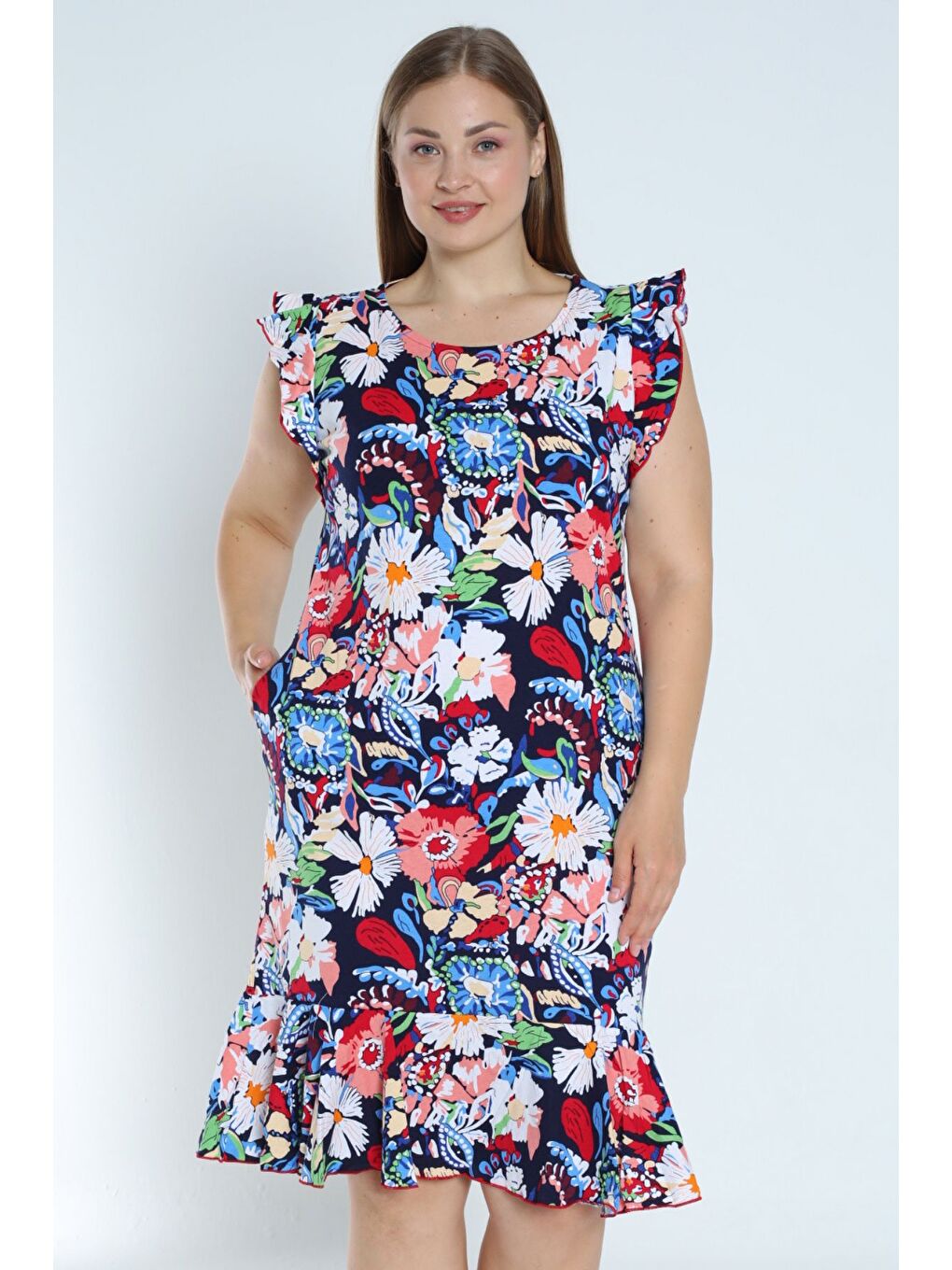 Kolu Ve Eteği Volanlı Büyük Beden Desenli Lacivert %100 Pamuk Cepli Elbise