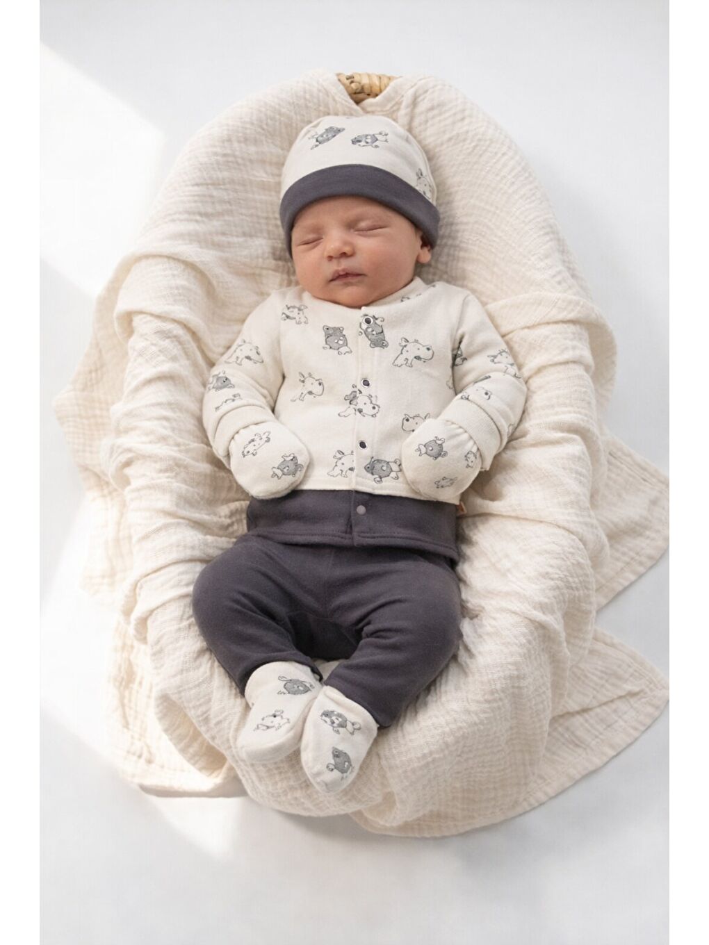 Gri Erkek Bebek Ayıcıklı Battaniyeli 6lı Hastane Çıkış Seti 90*90 Tek kat Battaniye Pamuk Lüx-1