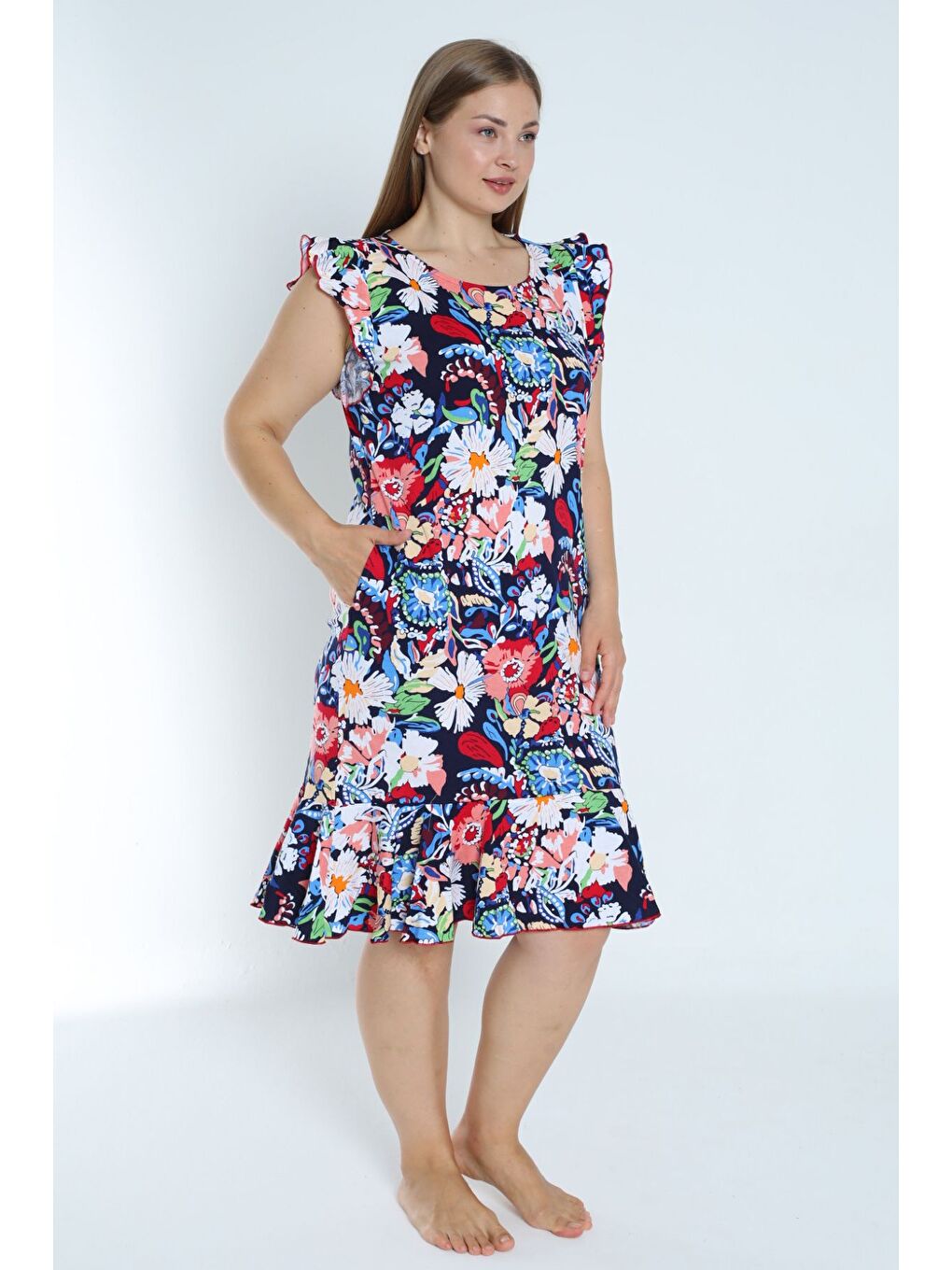 Kolu Ve Eteği Volanlı Büyük Beden Desenli Lacivert %100 Pamuk Cepli Elbise-1