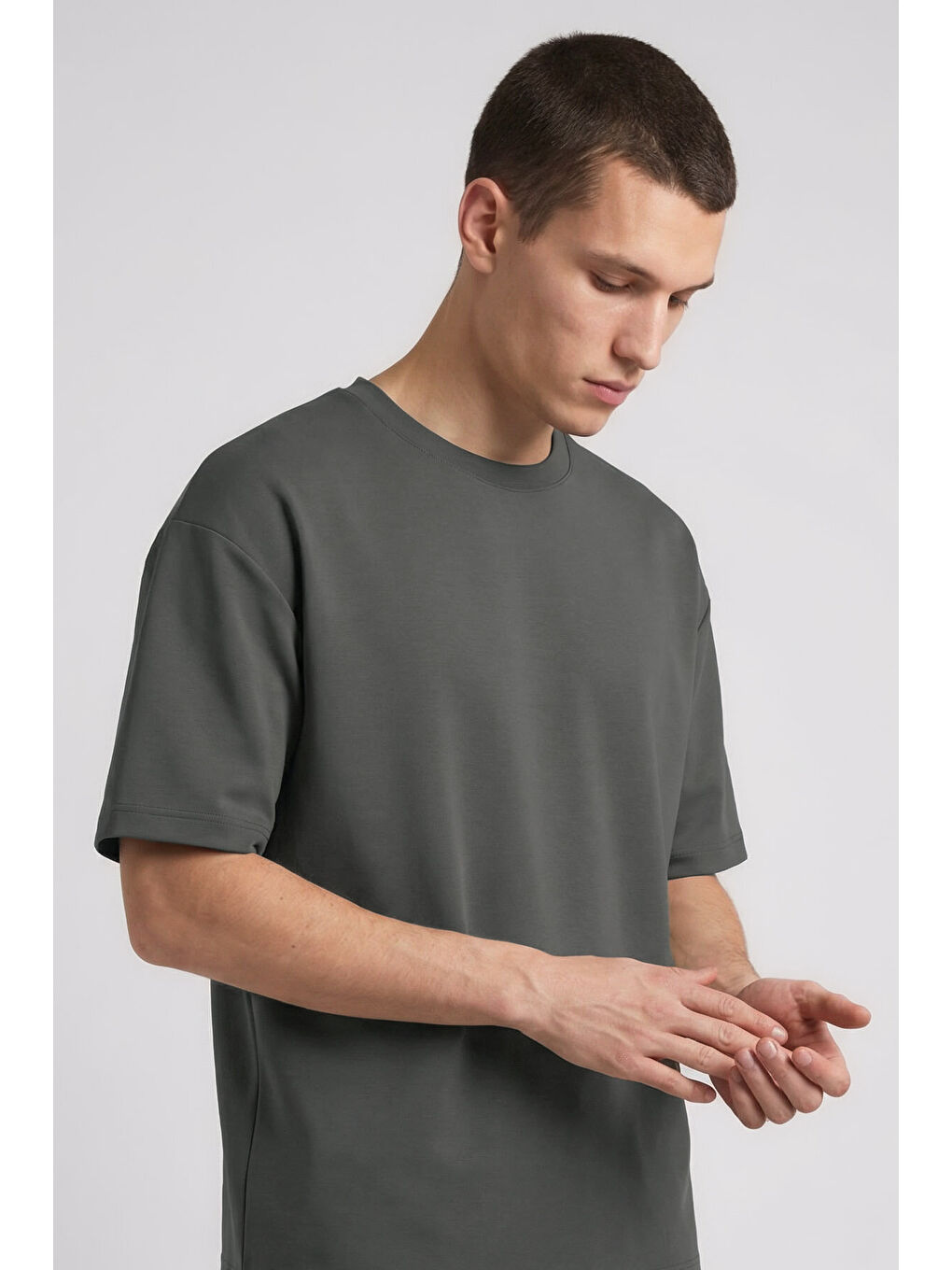 Haki Oversize Fit Basic Erkek Şort Takım - 85292-2