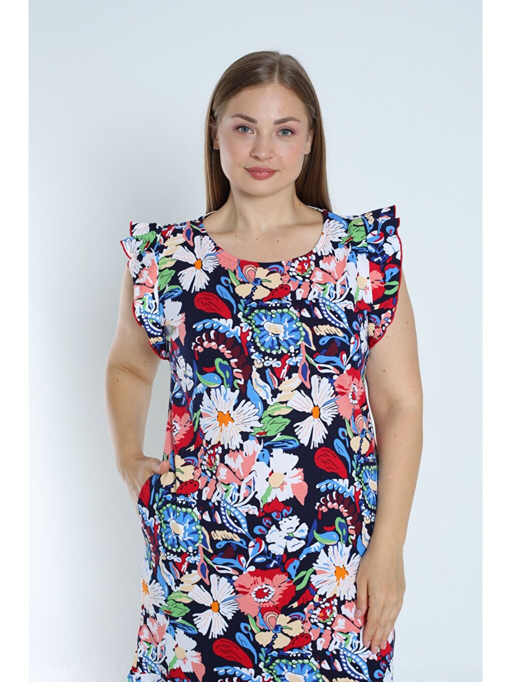 Kolu Ve Eteği Volanlı Büyük Beden Desenli Lacivert %100 Pamuk Cepli Elbise-2