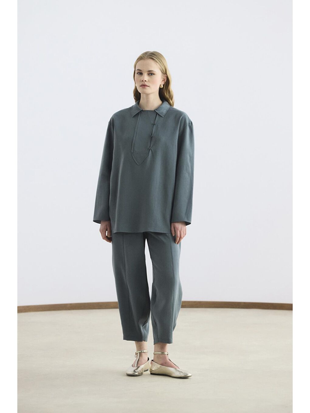 Yaka Detaylı Tunik Pantolon Takım Antrasit-3