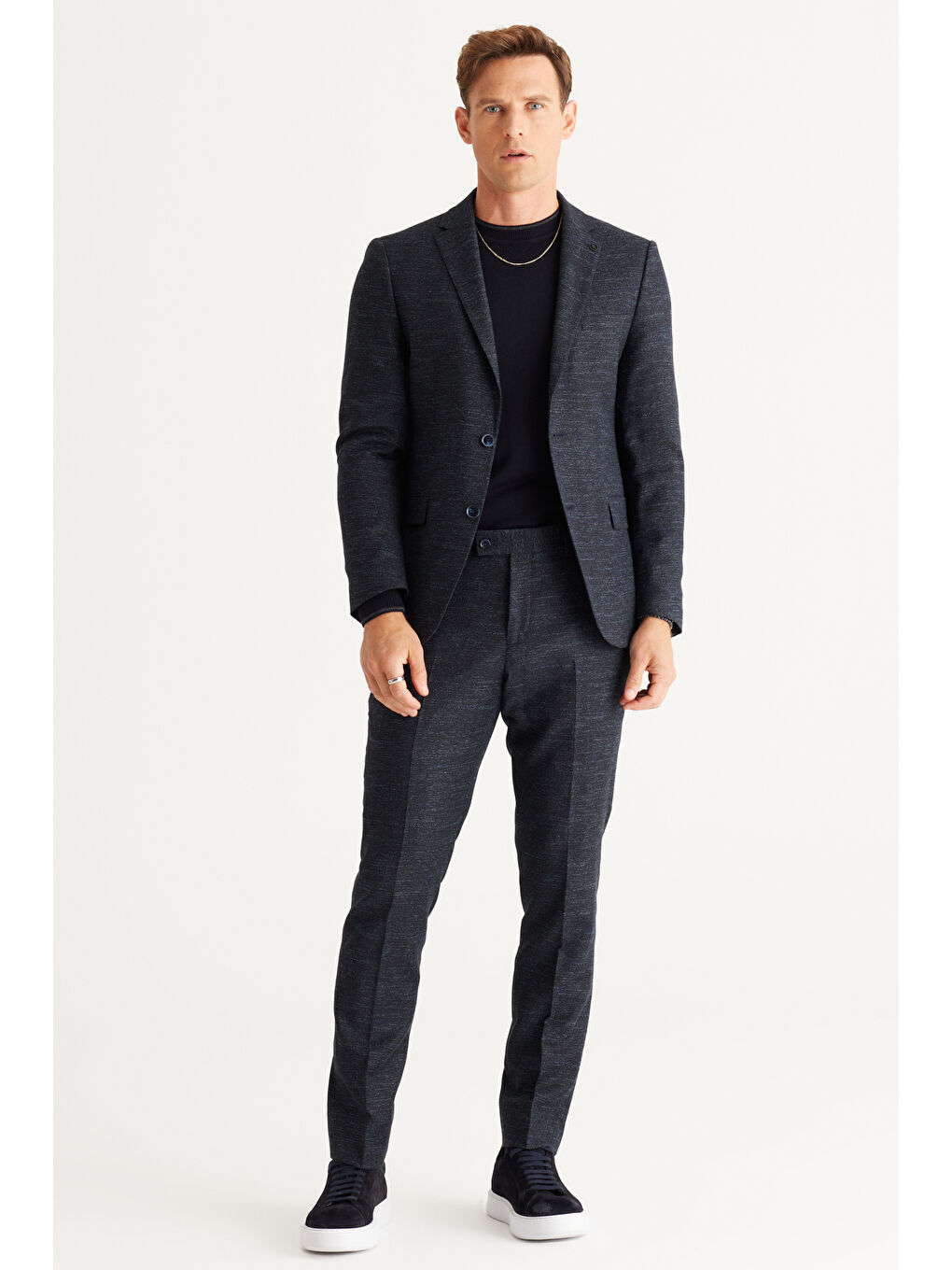 Erkek Lacivert Slim Fit Dar Kesim Mono Yaka Yünlü Desenli Takım Elbise