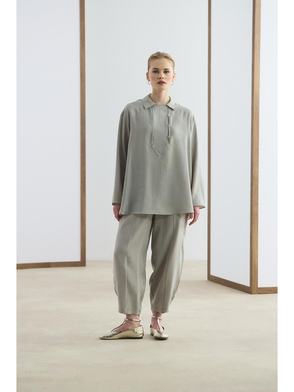 Bej Yaka Detaylı Tunik Pantolon Takım Taş-2