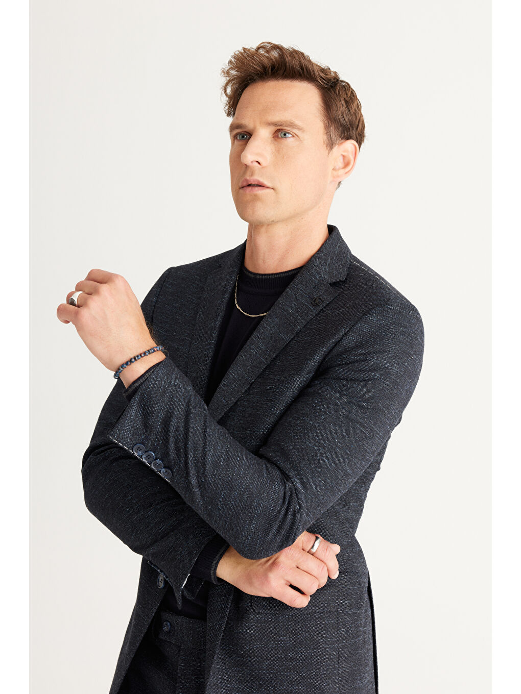 Erkek Lacivert Slim Fit Dar Kesim Mono Yaka Yünlü Desenli Takım Elbise-2