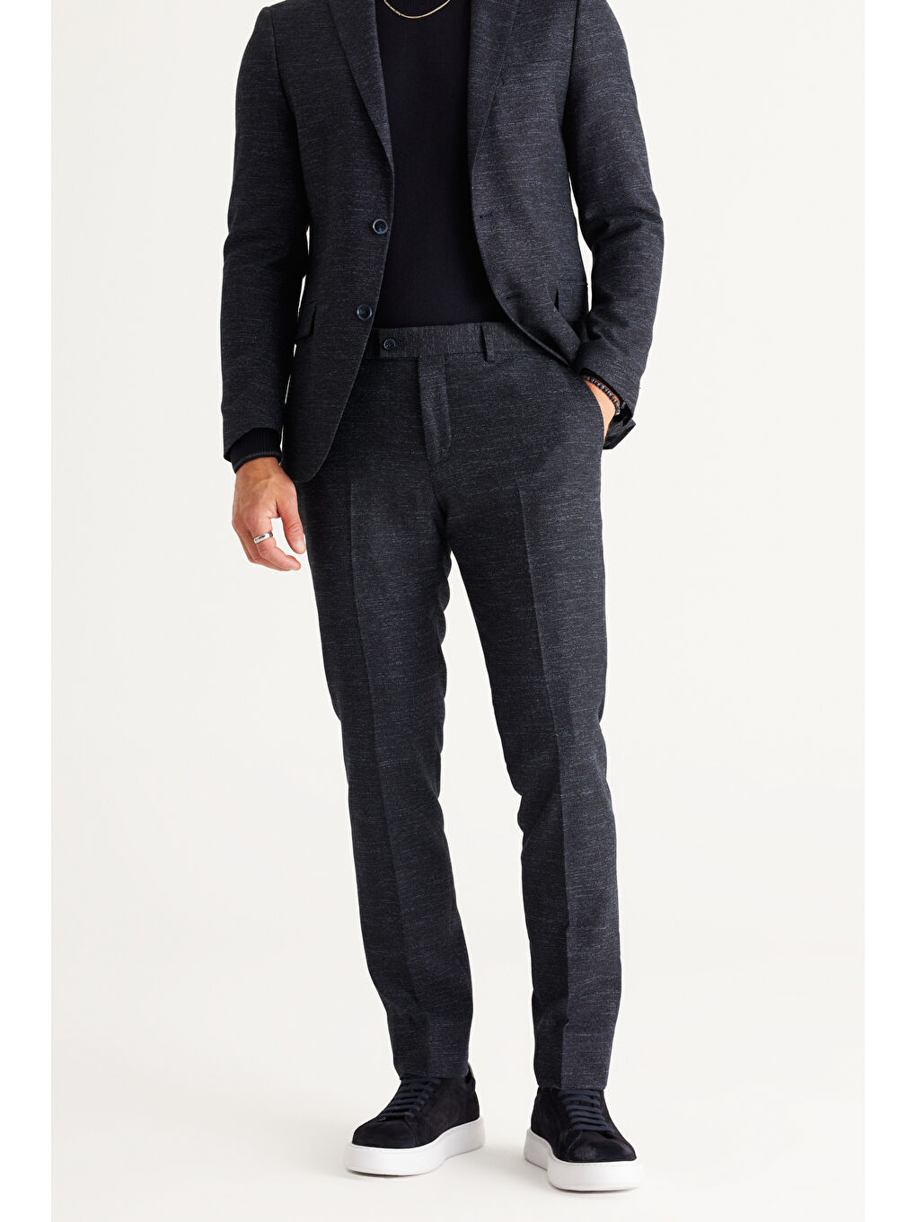 Erkek Lacivert Slim Fit Dar Kesim Mono Yaka Yünlü Desenli Takım Elbise-3