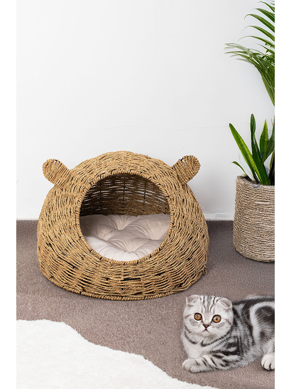 PH49 Doğal Hasır Örgü Kedi Köpek Yuvası Kedi Köpek Yatağı 55x40cm-1