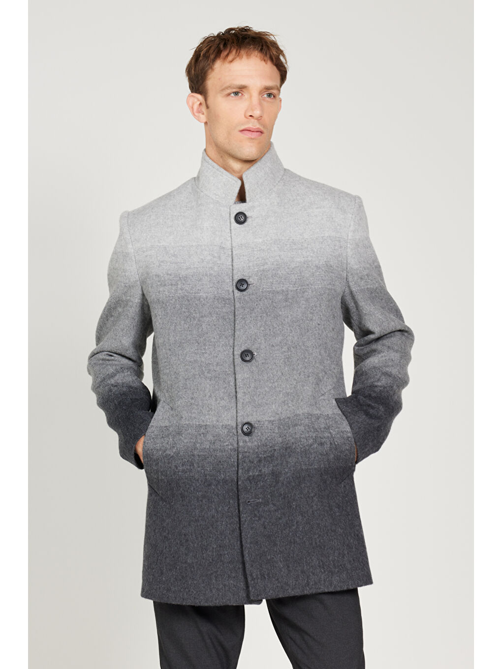 Erkek Gri Standart Fit Normal Kesim Dik Yaka Desenli Palto-7