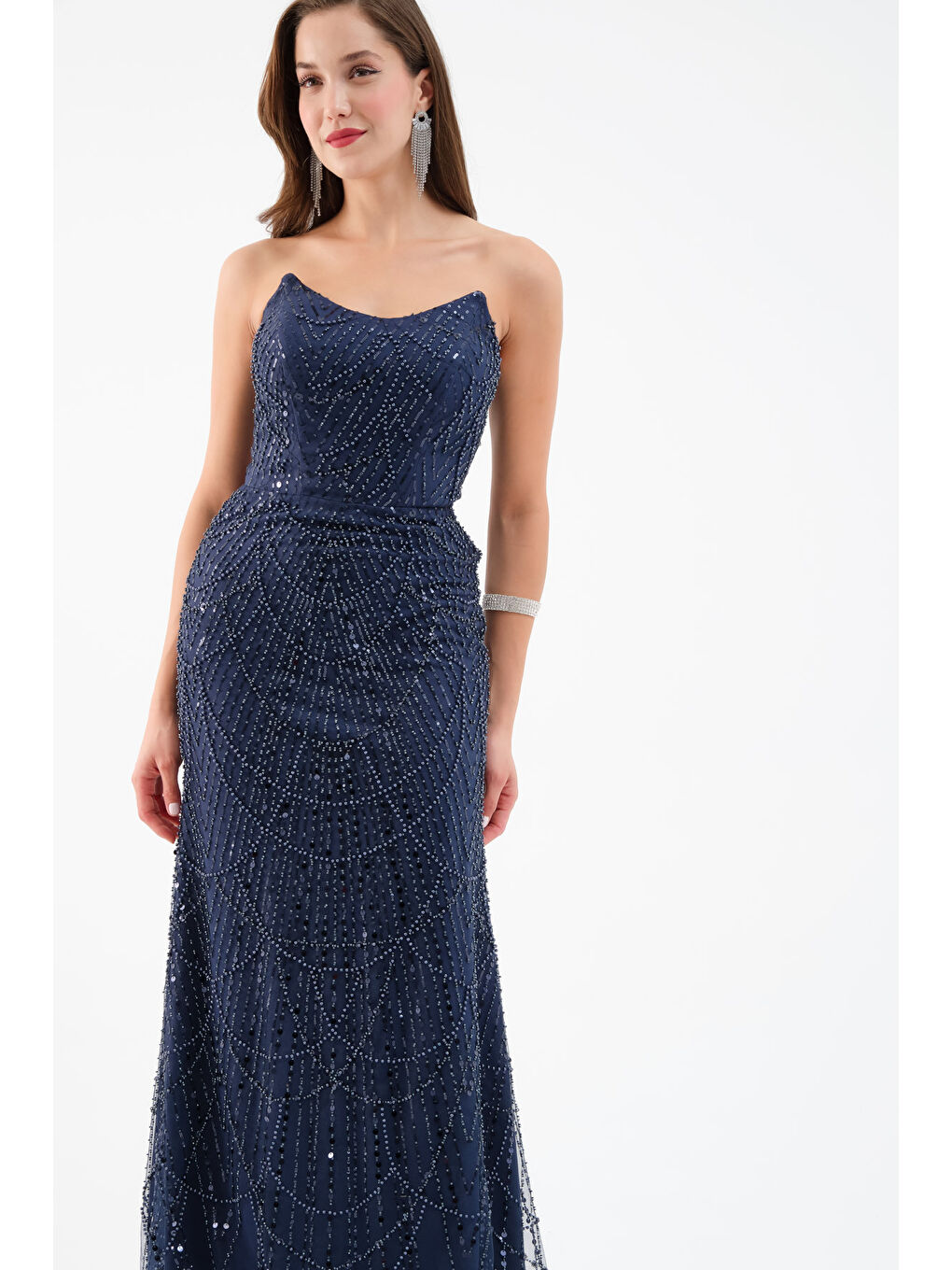 Kadın Lacivert Straplez Boncuklu Uzun Balık Abiye Elbise-2