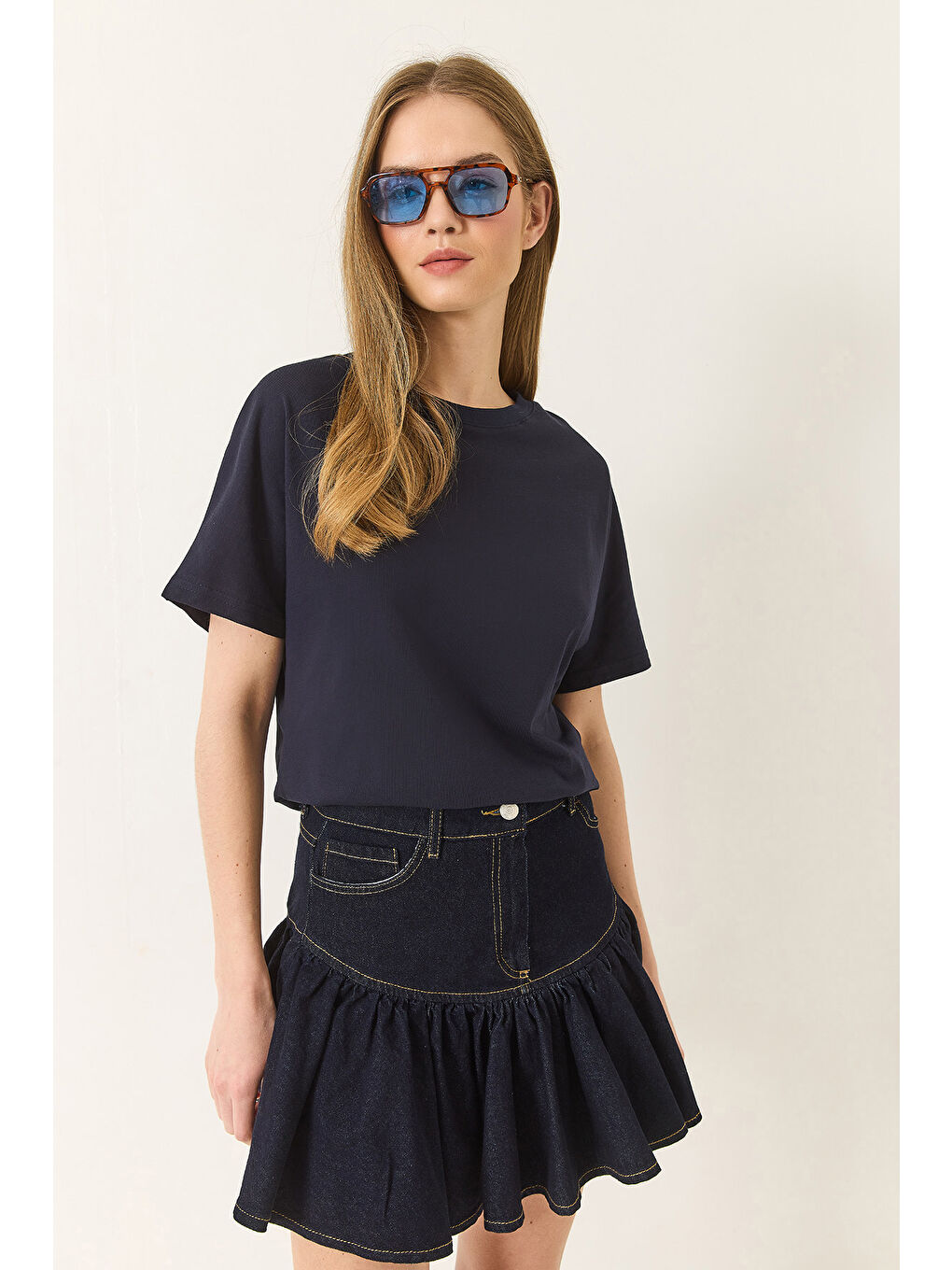 Lacivert Kadın Organik Pamuklu Regular Kalıp Bisiklet Yaka Basic Kısa Kollu T-Shirt-1