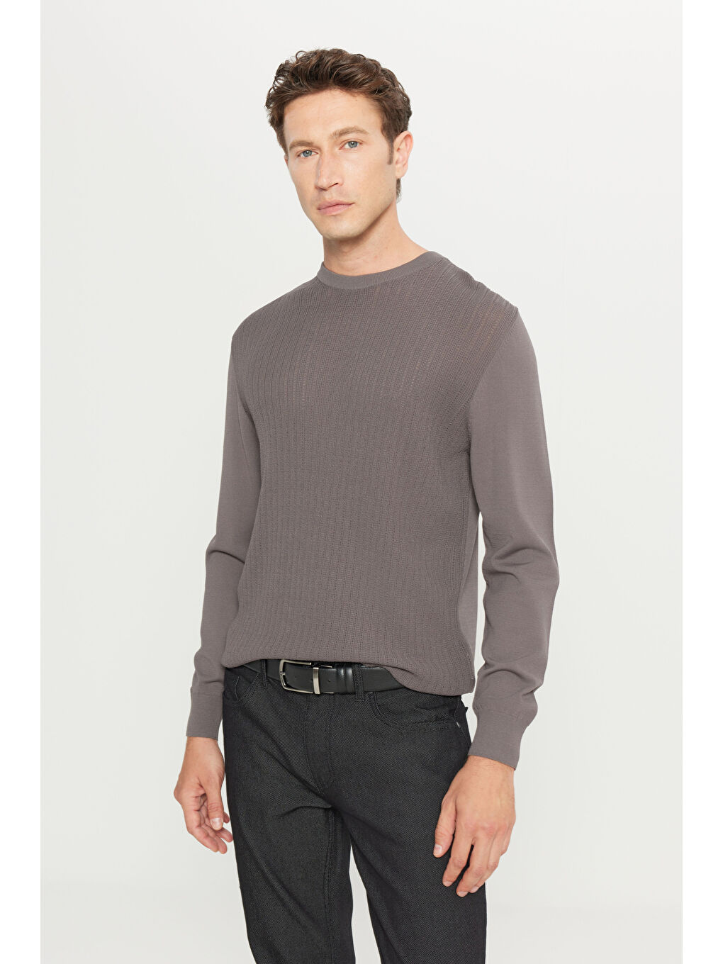 Erkek Antrasit Standart Fit Normal Kesim Bisiklet Yaka Jakarlı Triko Kazak