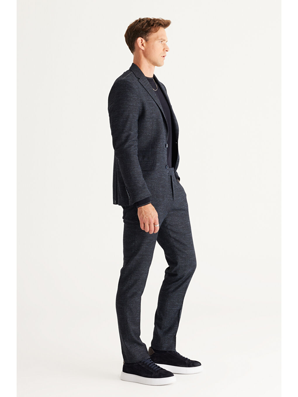 Erkek Lacivert Slim Fit Dar Kesim Mono Yaka Yünlü Desenli Takım Elbise-4