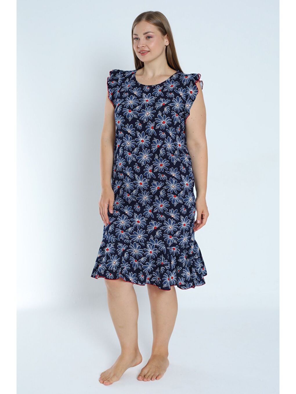 Desenli Lacivert Büyük Beden %100 Pamuk Cepli Kolu Ve Eteği Volanlı Elbise-1