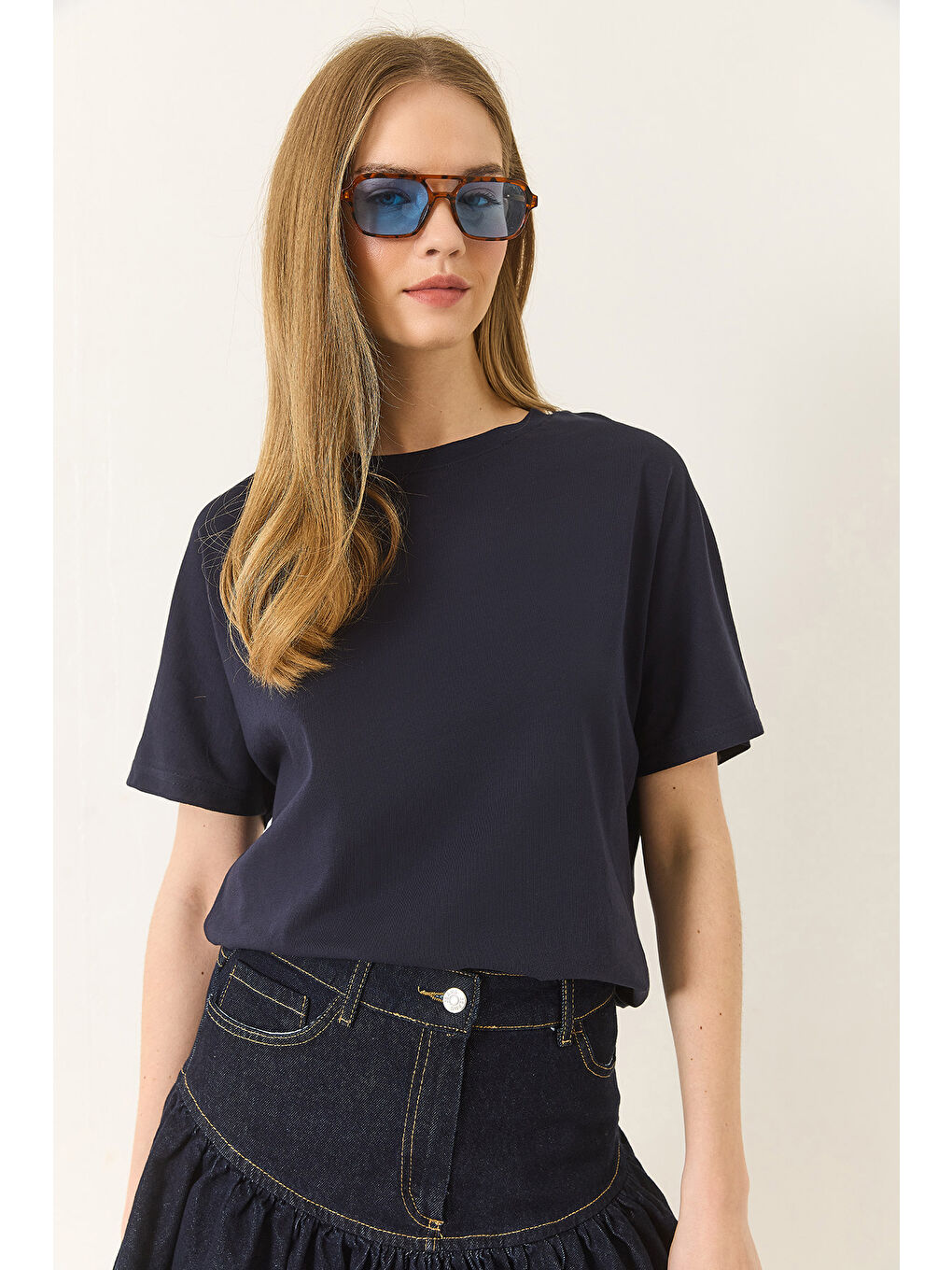 Lacivert Kadın Organik Pamuklu Regular Kalıp Bisiklet Yaka Basic Kısa Kollu T-Shirt-2