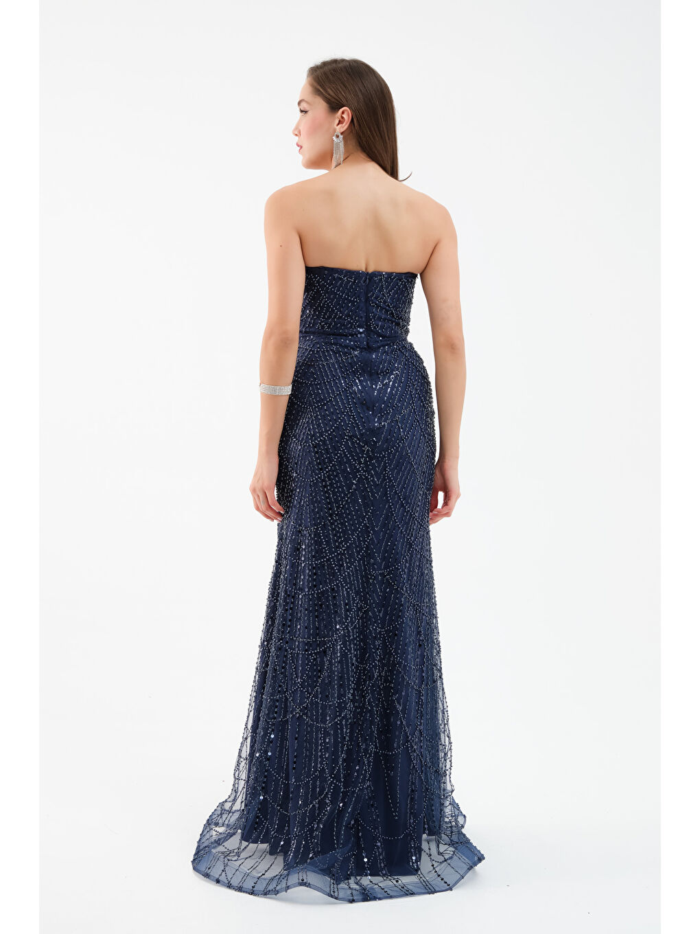 Kadın Lacivert Straplez Boncuklu Uzun Balık Abiye Elbise-4