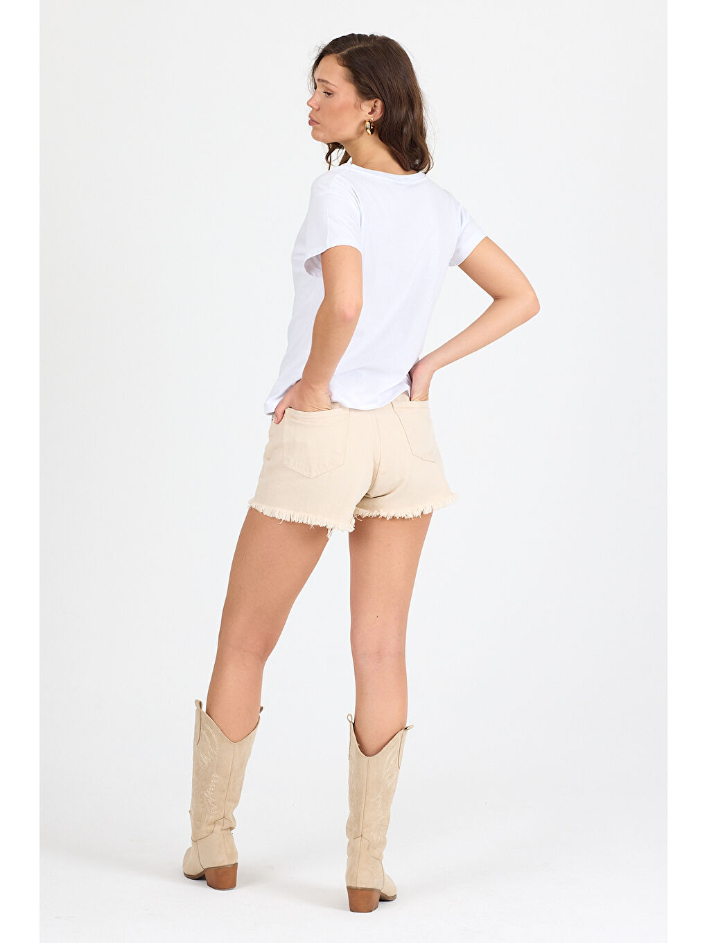 Beyaz Kadın V Yaka T-shirt 3005-1