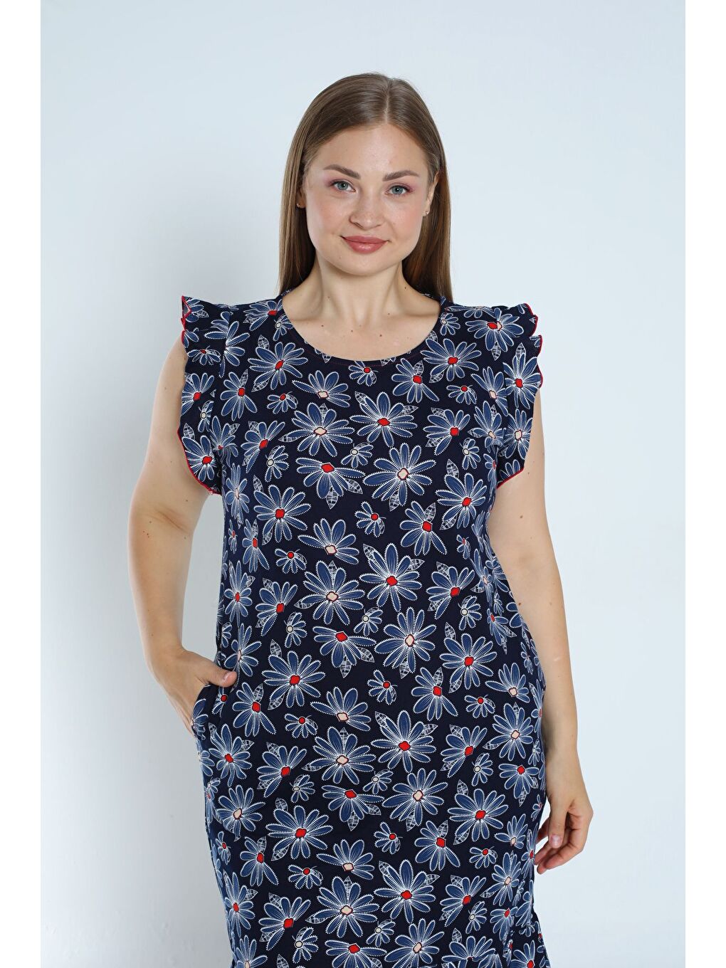 Desenli Lacivert Büyük Beden %100 Pamuk Cepli Kolu Ve Eteği Volanlı Elbise-2