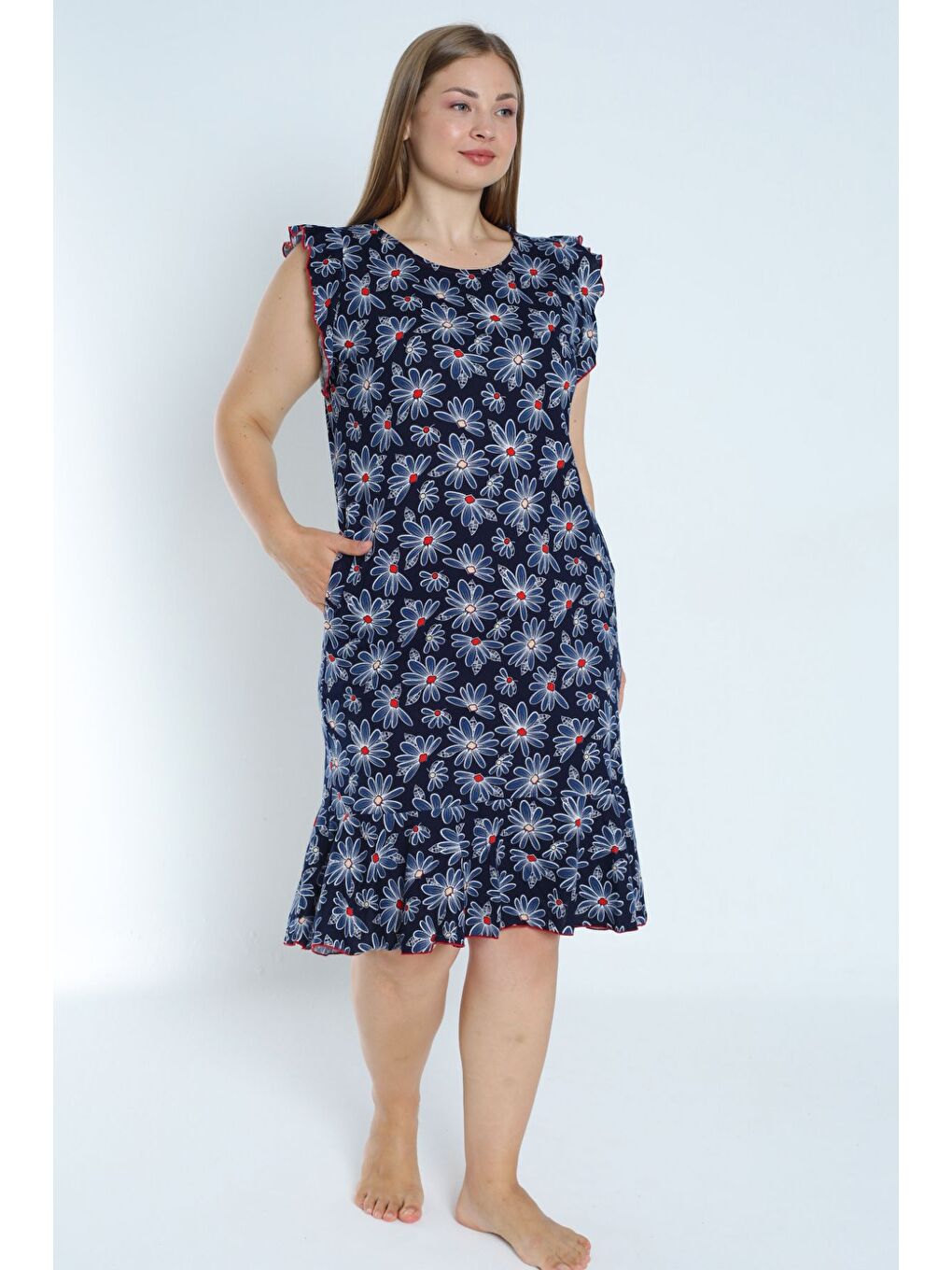 Desenli Lacivert Büyük Beden %100 Pamuk Cepli Kolu Ve Eteği Volanlı Elbise-3