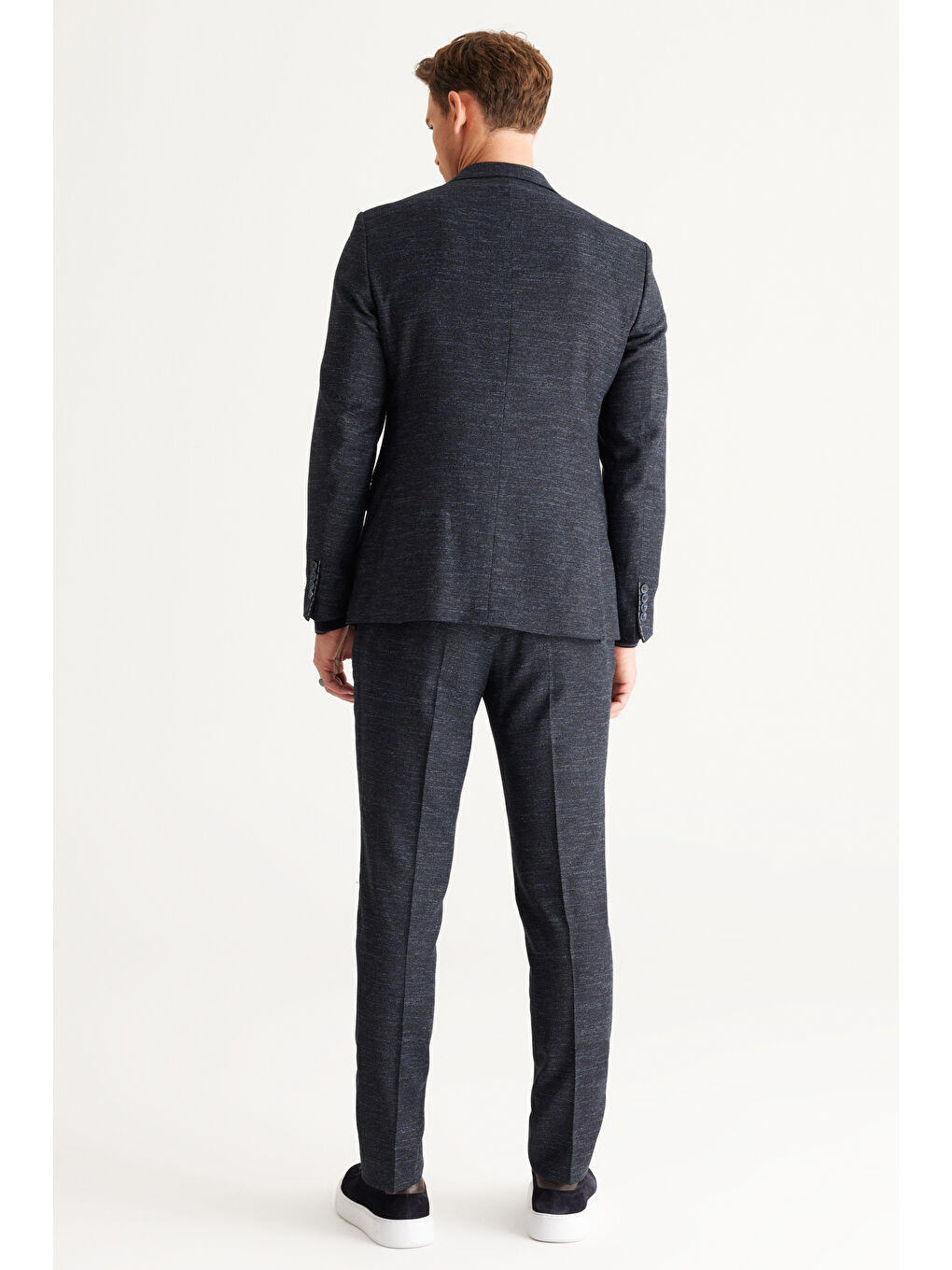 Erkek Lacivert Slim Fit Dar Kesim Mono Yaka Yünlü Desenli Takım Elbise-5