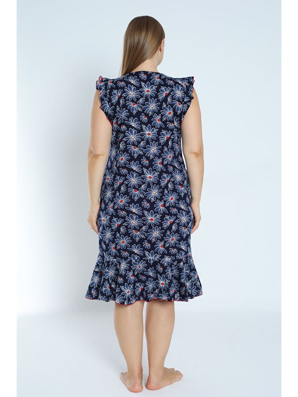 Desenli Lacivert Büyük Beden %100 Pamuk Cepli Kolu Ve Eteği Volanlı Elbise-4