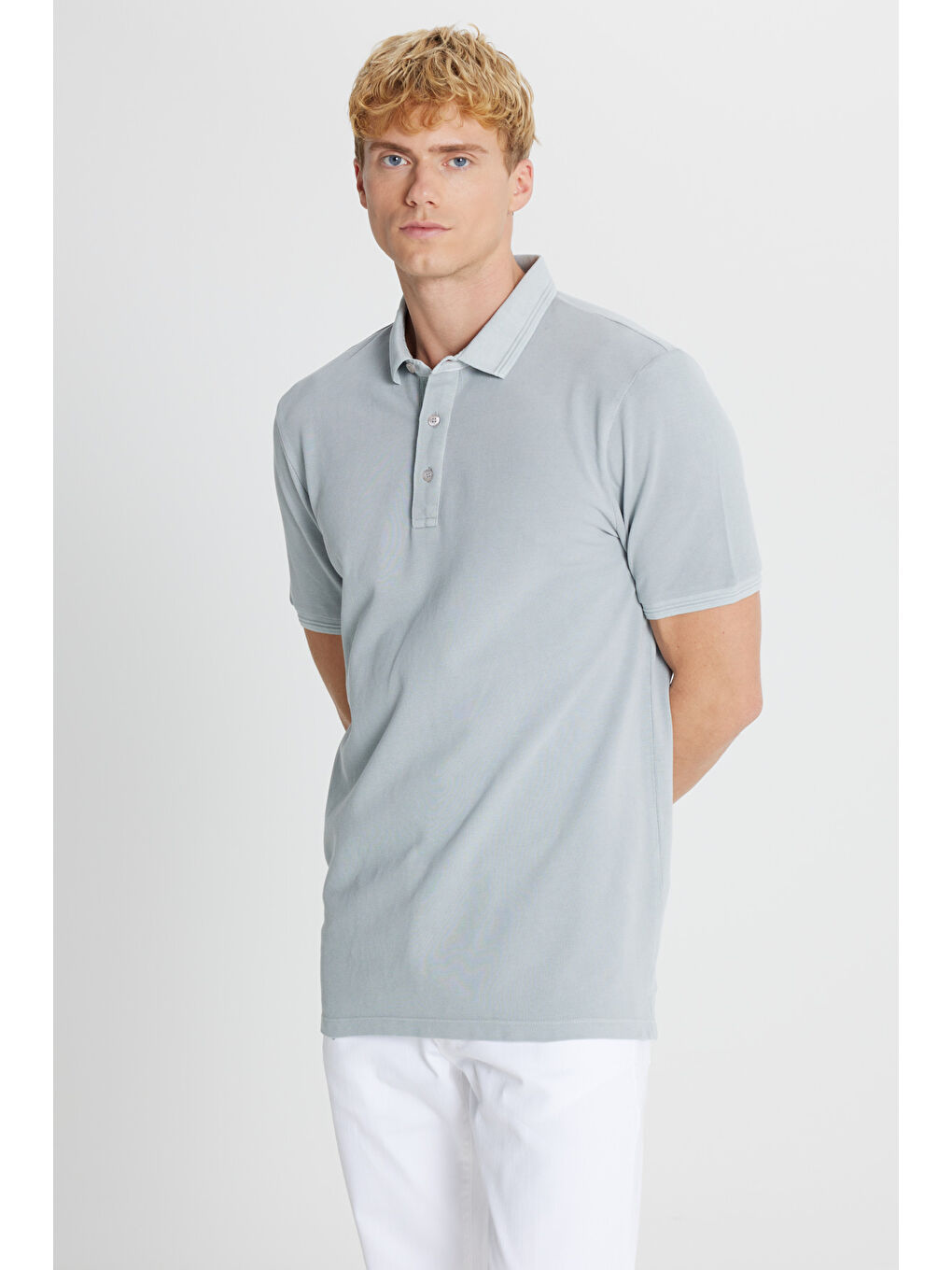 Erkek Gri %100 Pamuk Slim Fit Dar Kesim Polo Yaka Tişört