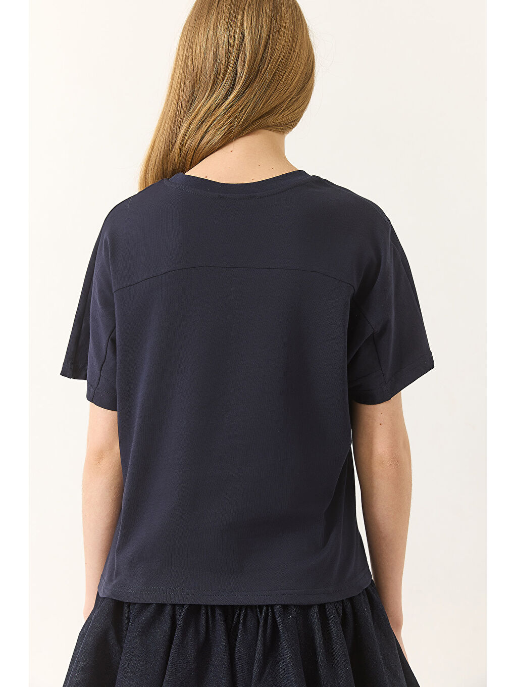 Lacivert Kadın Organik Pamuklu Regular Kalıp Bisiklet Yaka Basic Kısa Kollu T-Shirt-6