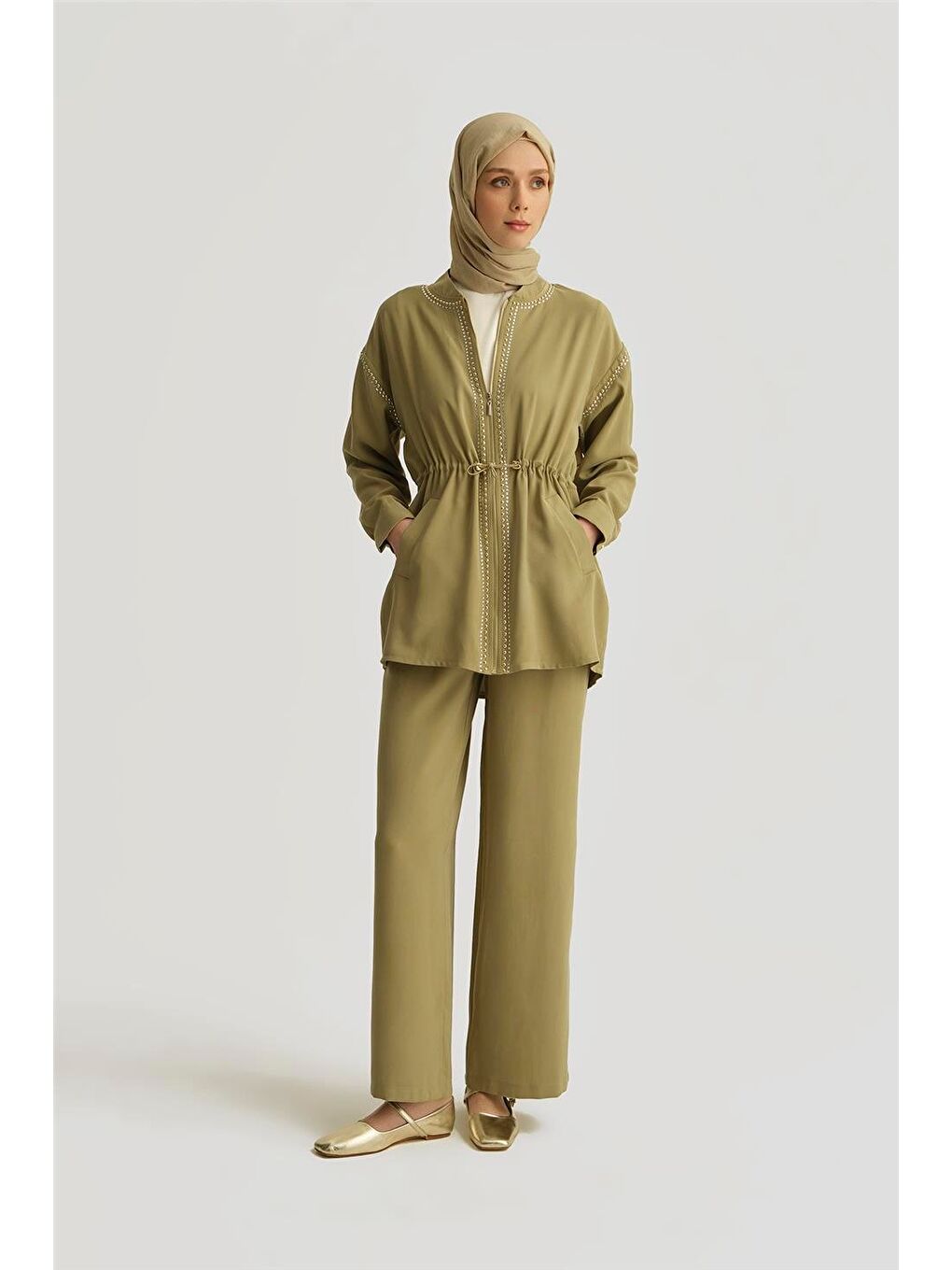 Beli Büzgülü Trok Detaylı Lyocell Ceket 25Yd4229-1 Haki-1