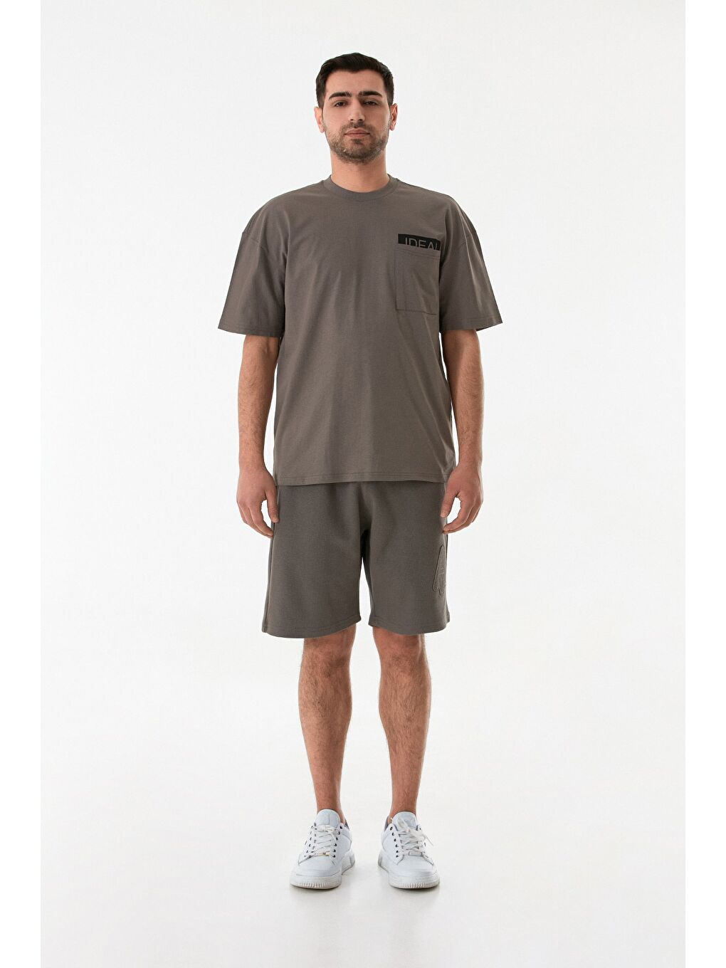 Gri A Nakışlı Beli Bağlamalı Cepli Şort