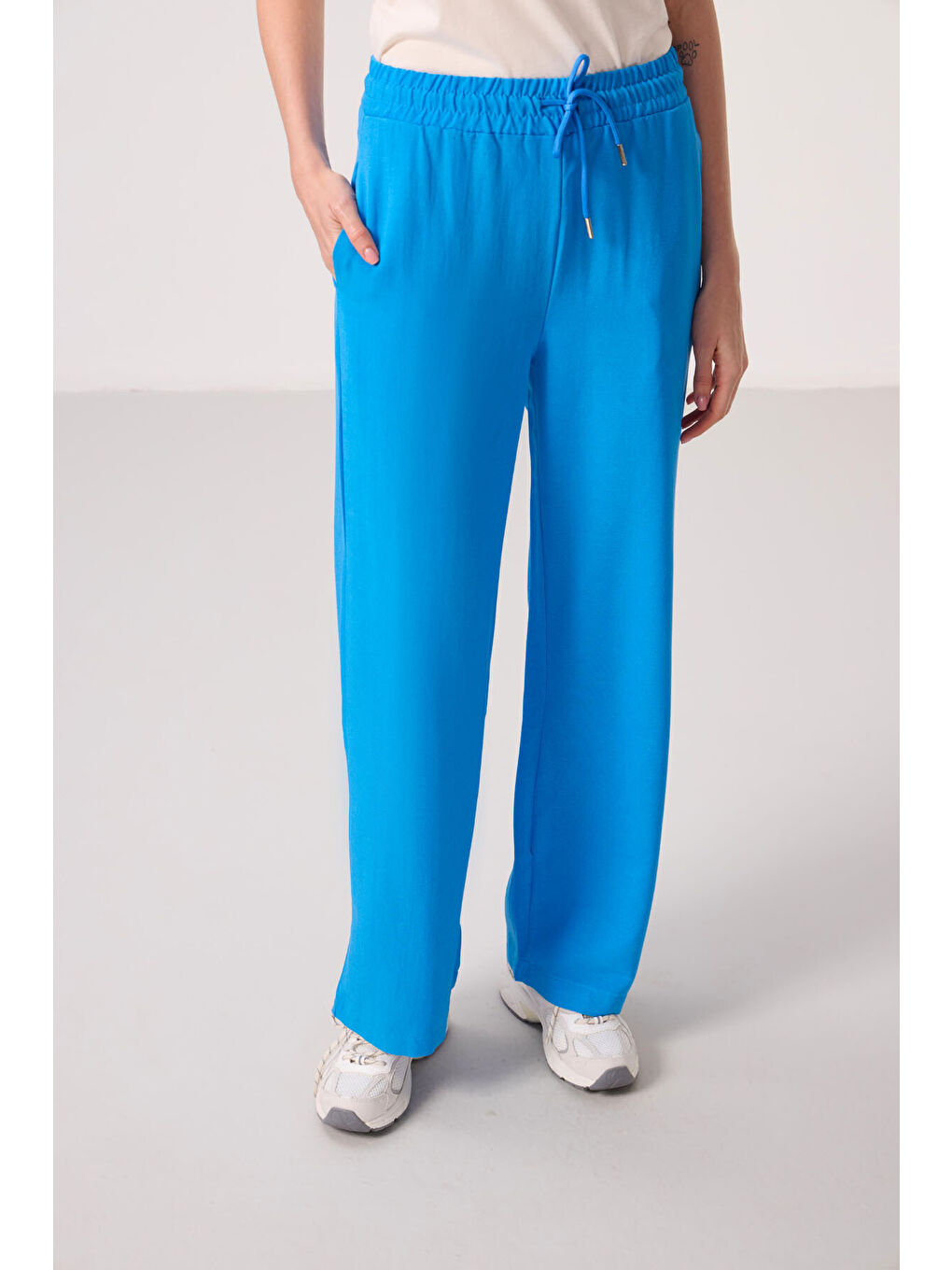 Mavi Keten Geniş Paça Rahat Form Kadın Palazzo Pantolon - 94675-1