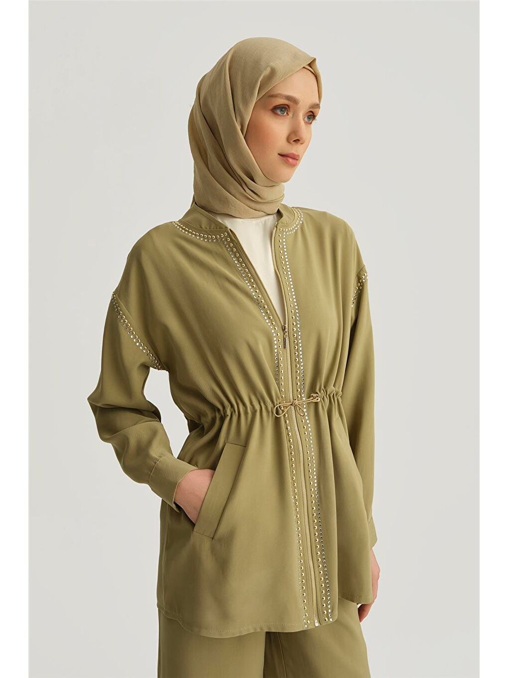 Beli Büzgülü Trok Detaylı Lyocell Ceket 25Yd4229-1 Haki-2