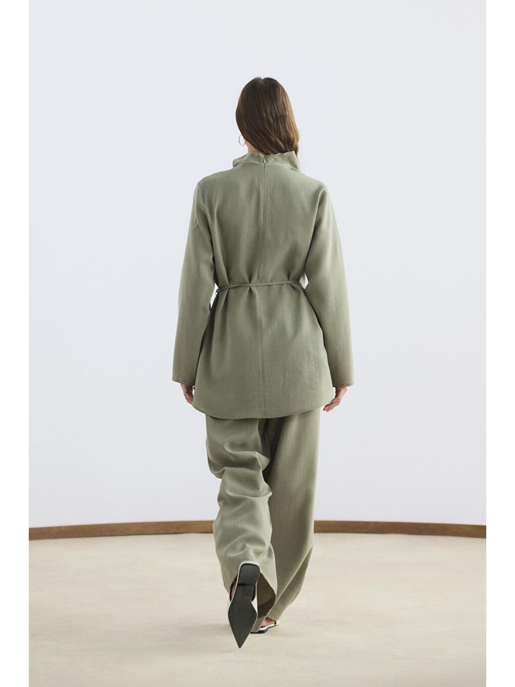 Yeşil Drape Yaka Tunik Pantolon Takım Adaçayı-6