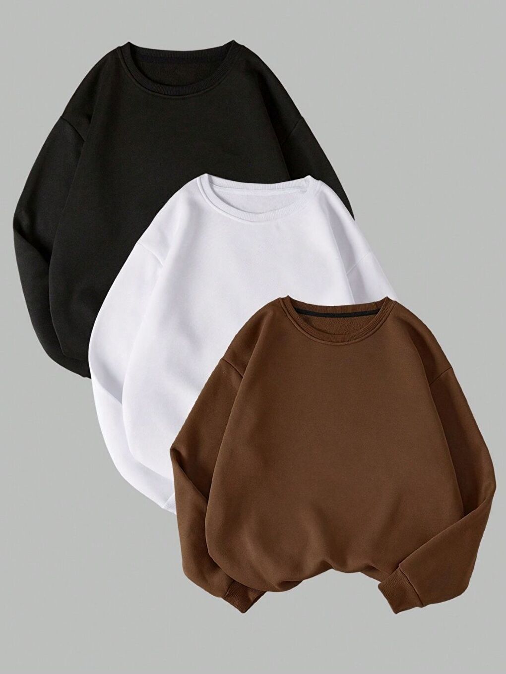 Karışık Kadın Siyah Beyaz Kahverengi Düz Bisiklet Yaka 3lü Sweatshirt Set