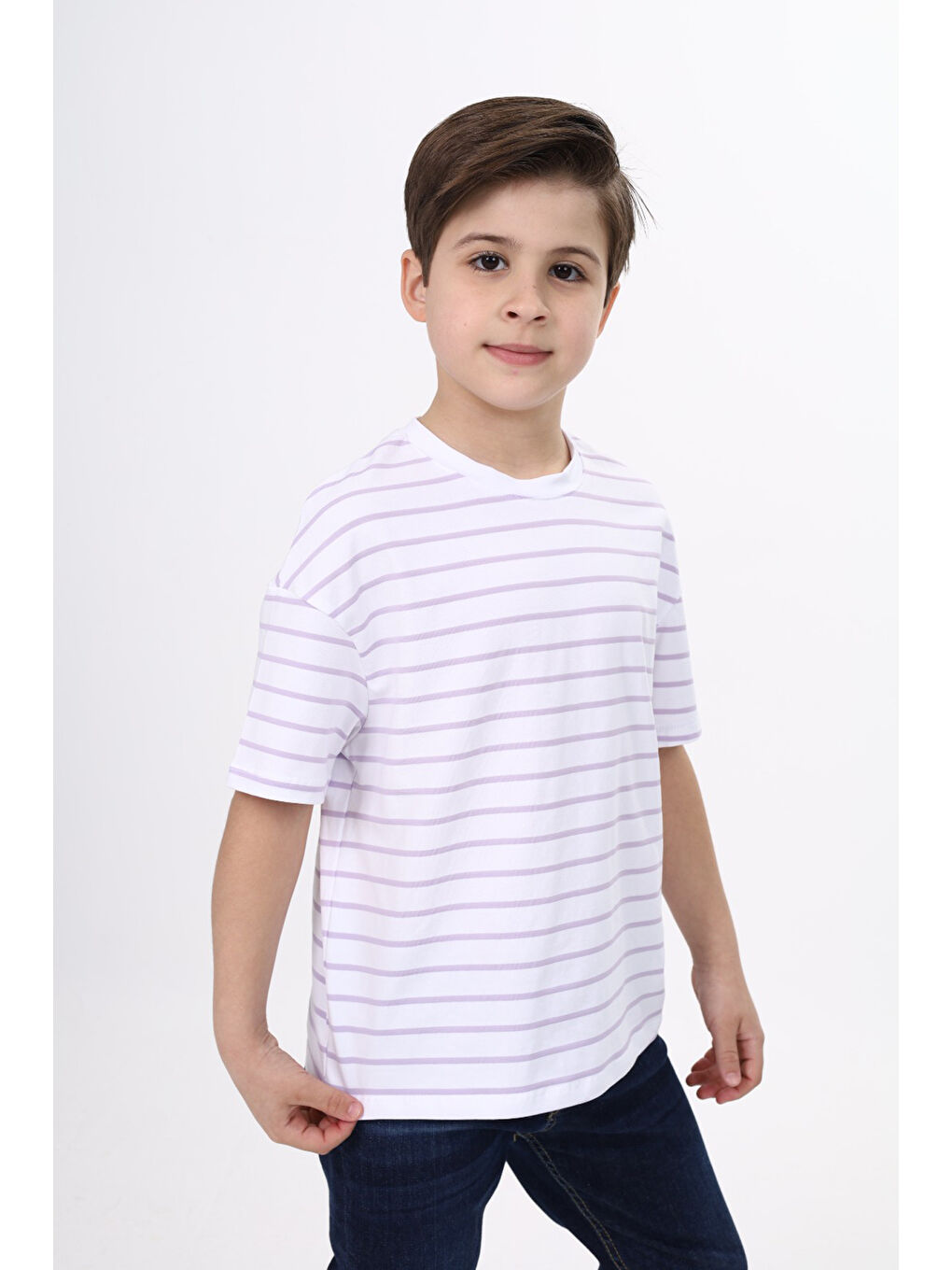 Beyaz Unisex Çocuk Çizgili Tişört-6