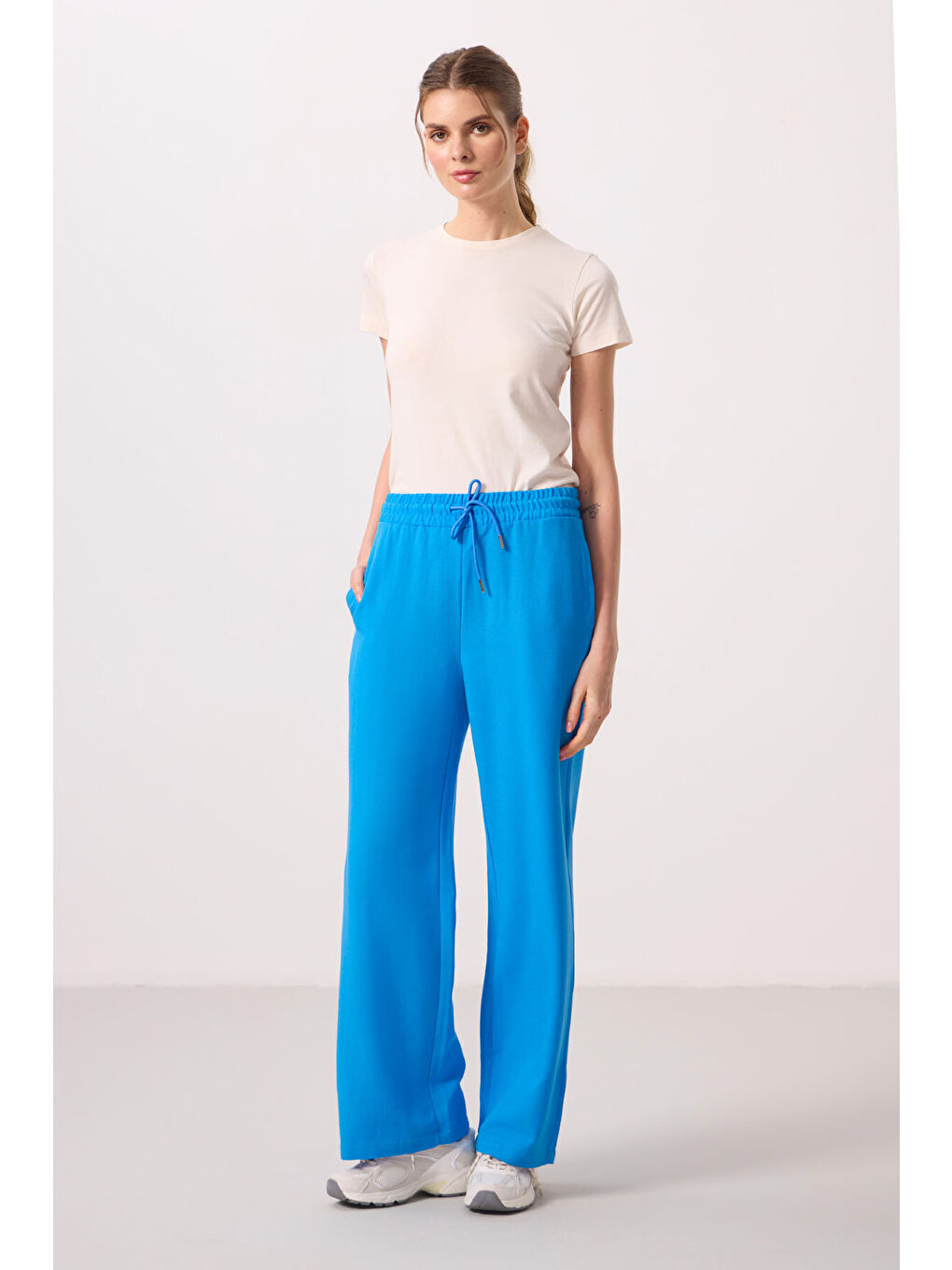 Mavi Keten Geniş Paça Rahat Form Kadın Palazzo Pantolon - 94675-5