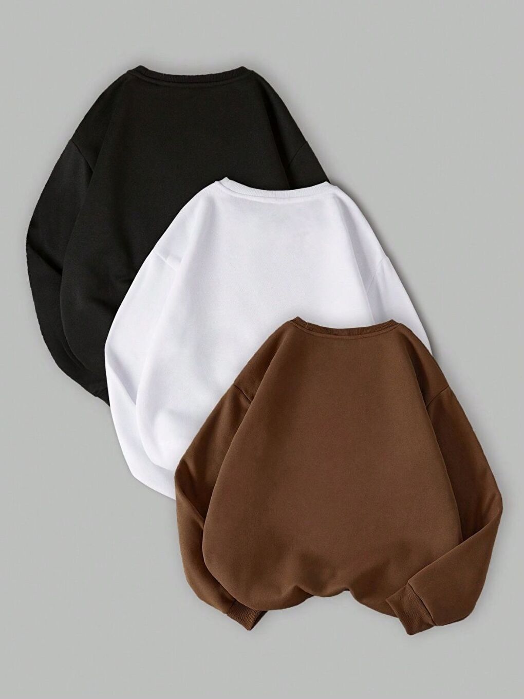 Karışık Kadın Siyah Beyaz Kahverengi Düz Bisiklet Yaka 3lü Sweatshirt Set-1